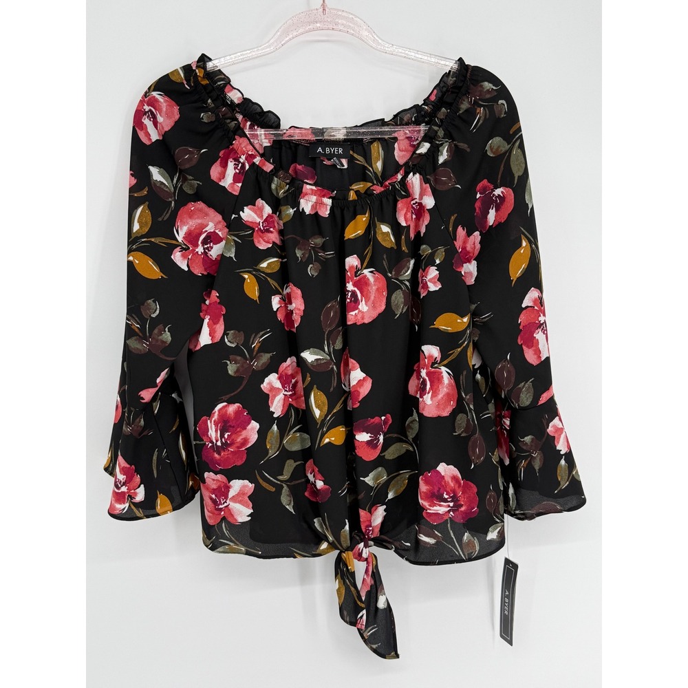 A. Byer Womens Floral Off Shoulder Bell Sleeve Tie Blouse Black Red Sz M NEW